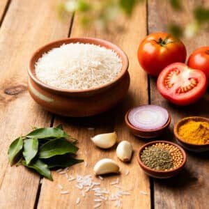Tomato rice ingredients – rice, tomatoes, onions, spices, curry leaves, and cashews arranged on a wooden table