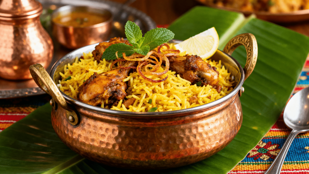 Authentic Hyderabadi Chicken Dum Biryani served in brass handi